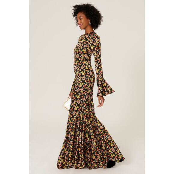 Caroline Constas Allonia Black Multicolor Floral Long Sleeve Trumpet Gown 0 - Picture 2 of 14